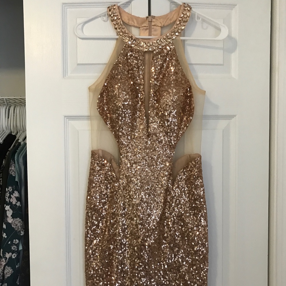 Dave and Johnny cocktail gold sequin dress